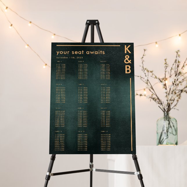 Modern Emerald Green Black Wedding Seating Chart Foam Board (In Situ (Stand))