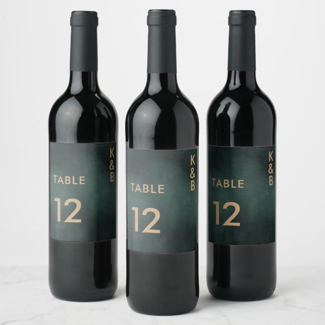 Modern Emerald Green Black Wedding Table Number Wine Label (Bottles)