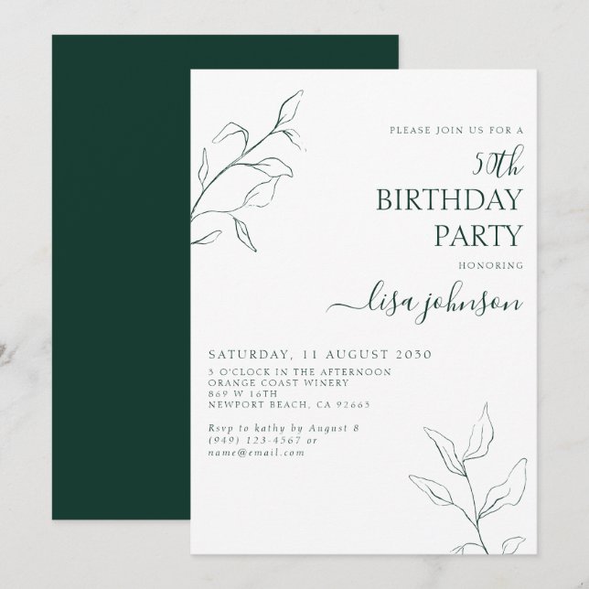 Modern Emerald Green Botanical 50th Birthday Invitation (Front/Back)