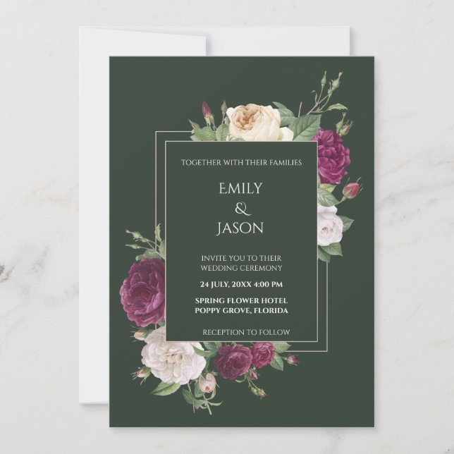 Modern Emerald Green Burgundy Floral Invitation (Front)