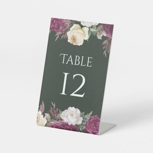 Modern Emerald Green Burgundy Peonies Table Number Pedestal Sign