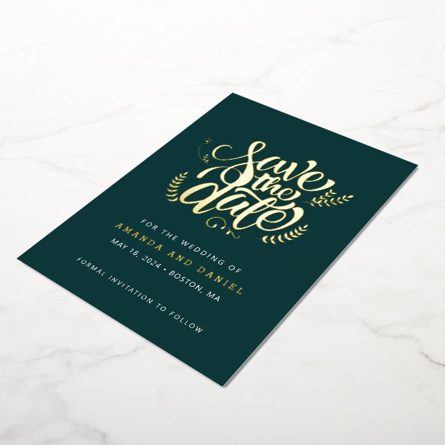 Modern Emerald Green Calligraphy Script Wedding Foil Invitation (Rotated)