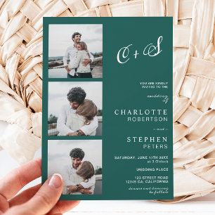 Modern emerald green casual initials photo wedding invitation