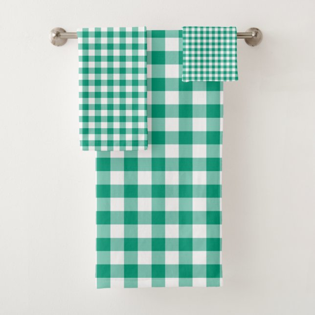 Modern Emerald Green Checked Gingham Pattern Bath Towel Set (Insitu)