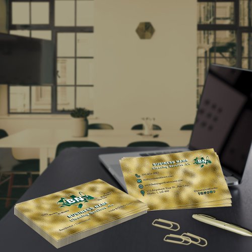 Modern Emerald Green Cleaning Service Elegant Gold Business Card