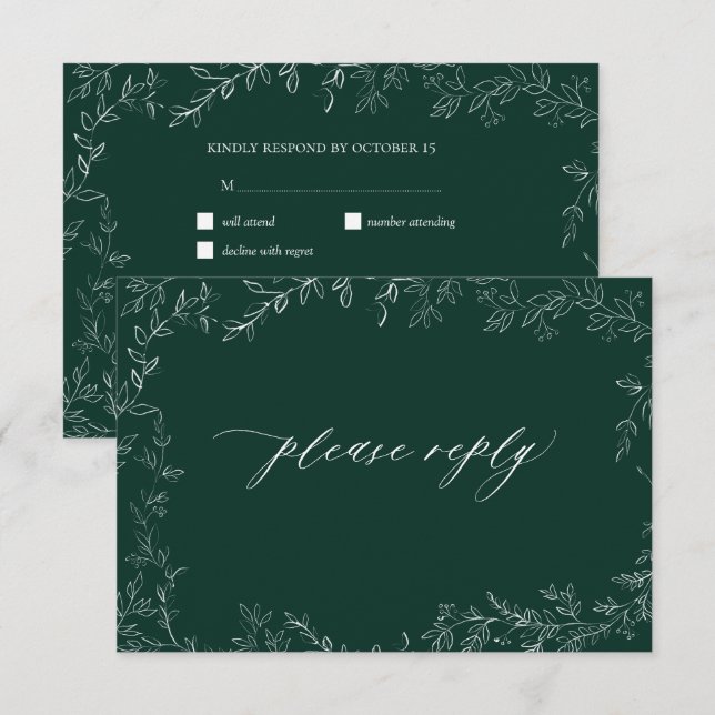 Modern Emerald Green Elegant Leaf Wedding RSVP Card (Front/Back)