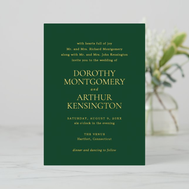 Modern Emerald Green Elegant Wedding Foil Invitation (Standing Front)