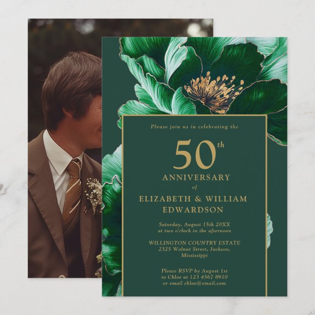 Modern Emerald Green Floral 50th Anniversary Photo Invitation (Front/Back)