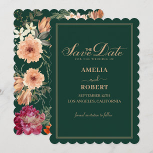 Modern emerald green floral fall wedding save the date