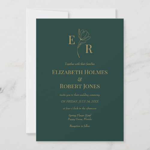 Modern Emerald Green Floral Monogram Wedding  Invitation