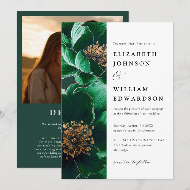 Modern Emerald Green Floral Photo QR Code Wedding Invitation (Front/Back)