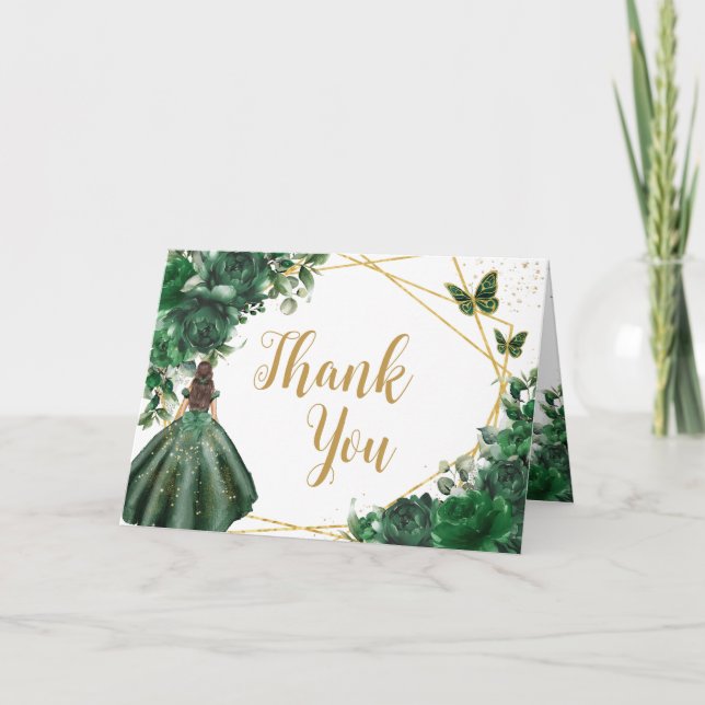 Modern Emerald Green Floral Princess Quinceañera Thank You Card (Front)