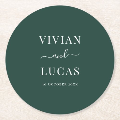 Modern Emerald Green Formal Minimal Wedding Round Paper Coaster