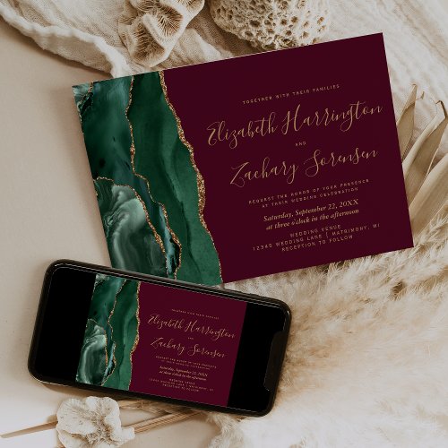 Modern Emerald Green Gold Agate Burgundy Wedding Invitation