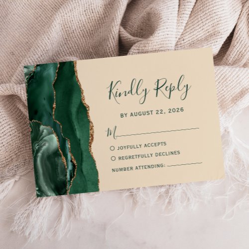 Modern Emerald Green Gold Agate Champagne Wedding RSVP Card