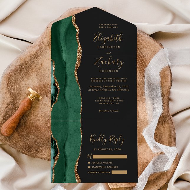 Modern Emerald Green Gold Agate Dark Wedding All In One Invitation (An elegant choice for an emerald green and gold themed wedding.)