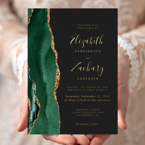 Modern Emerald Green Gold Agate Dark Wedding Foil Invitation