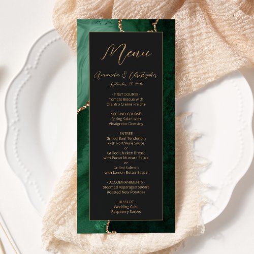 Modern Emerald Green Gold Agate Dark Wedding Menu