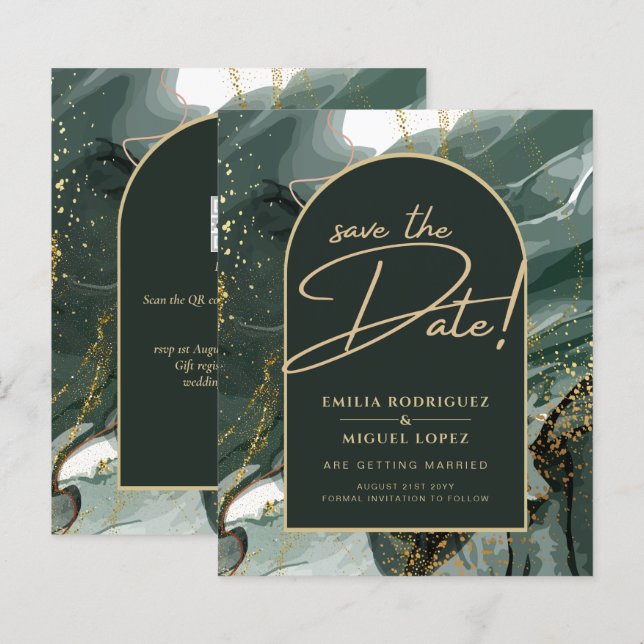 Modern Emerald Green Gold Agate Marble WEDDING (Front/Back)