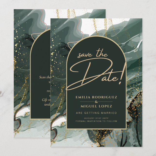 Modern Emerald Green Gold Agate Marble WEDDING Invitation (Front/Back)