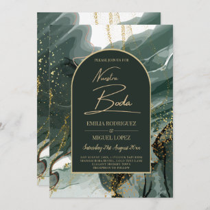 Modern Emerald Green Gold Agate Marble WEDDING Invitation