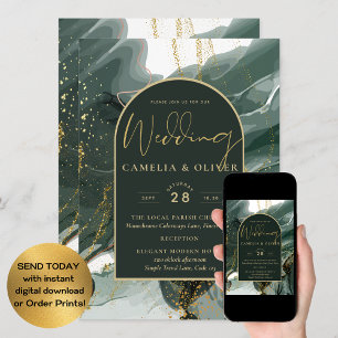 Modern Emerald Green Gold Agate Marble WEDDING Invitation