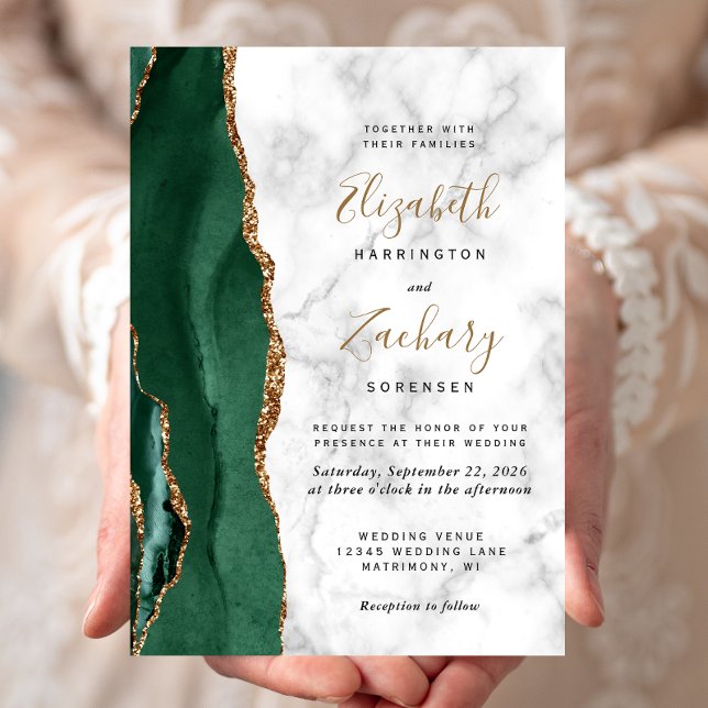 Modern Emerald Green Gold Agate Marble Wedding Invitation (Creator Uploaded)