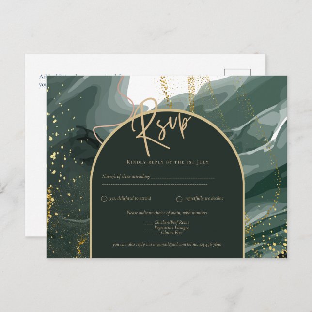 Modern Emerald Green Gold Agate Marble WEDDING Postcard (Front/Back)
