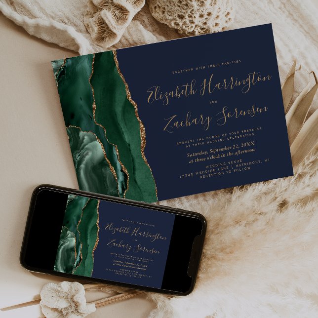 Modern Emerald Green Gold Agate Navy Blue Wedding Invitation (Creator Uploaded)