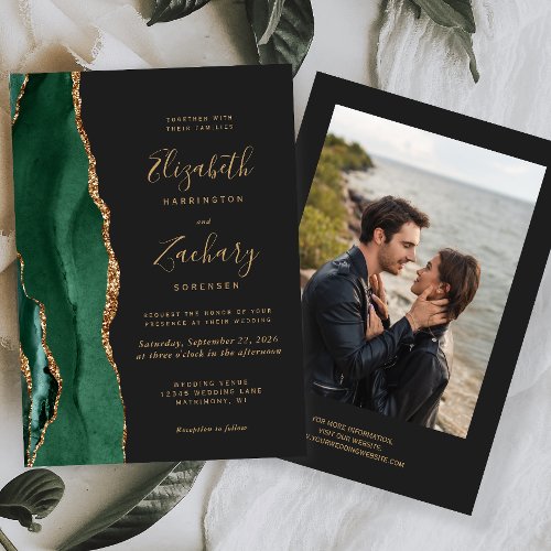 Modern Emerald Green Gold Agate Photo Dark Wedding Invitation