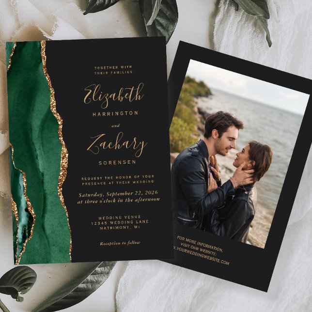 Modern Emerald Green Gold Agate Photo Dark Wedding Invitation (Creator Uploaded)