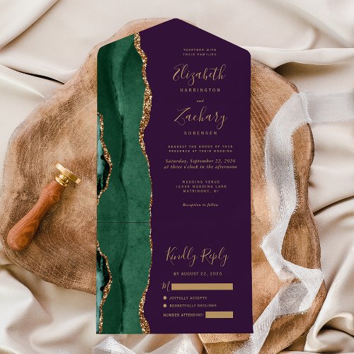Modern Emerald Green Gold Agate Purple Wedding All In One Invitation