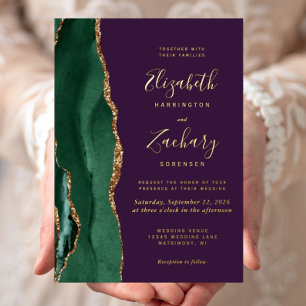 Modern Emerald Green Gold Agate Purple Wedding Foil Invitation