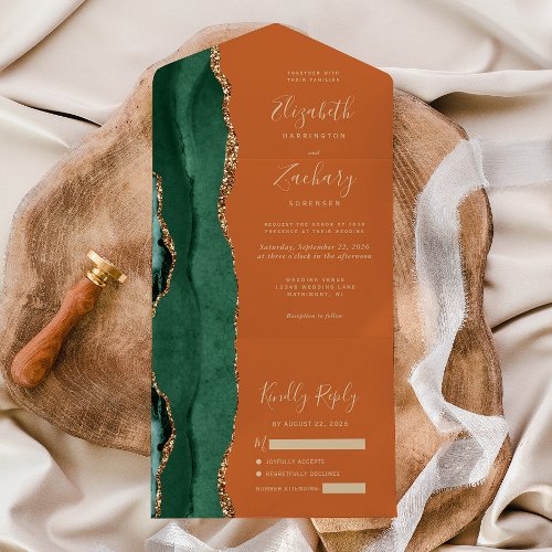 Modern Emerald Green Gold Agate Rust Wedding All In One Invitation