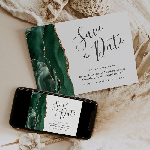 Modern Emerald Green Gold Agate Save the Date Card