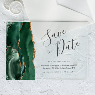 Modern Emerald Green Gold Agate Save the Date Card