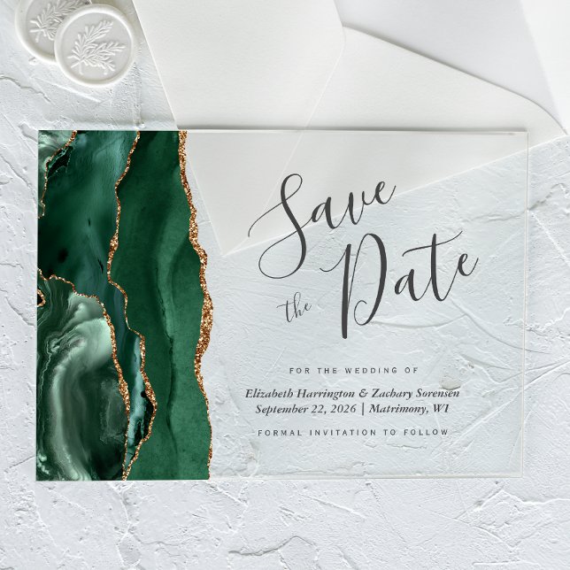 Modern Emerald Green Gold Agate Save the Date Card (Creator Uploaded)