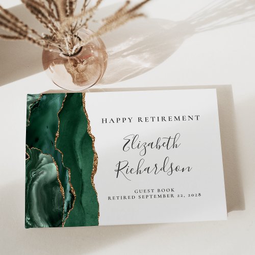 Modern Emerald Green Gold Agate Script Retirement