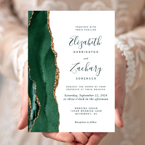 Modern Emerald Green Gold Agate Script Wedding Invitation