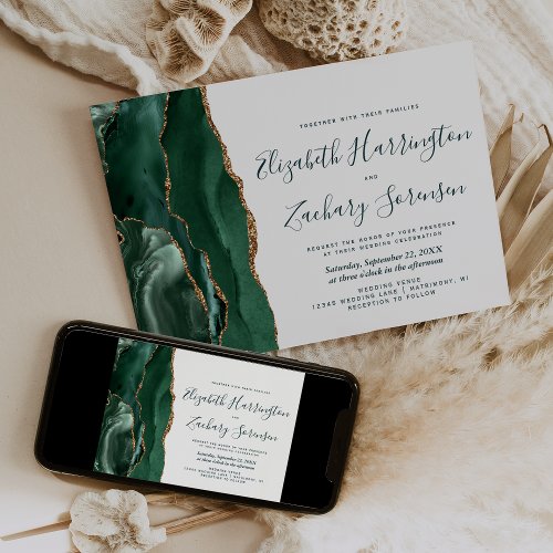 Modern Emerald Green Gold Agate Script Wedding Invitation
