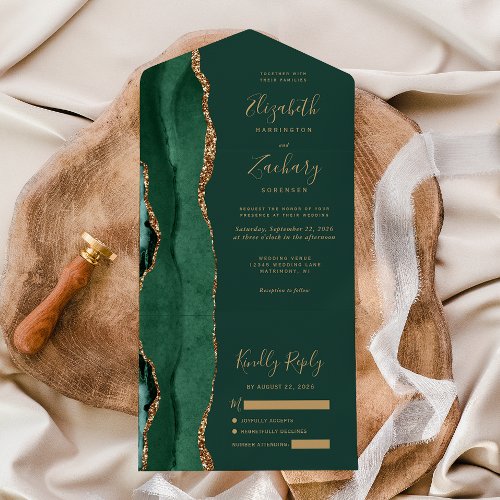 Modern Emerald Green Gold Agate Wedding All In One Invitation