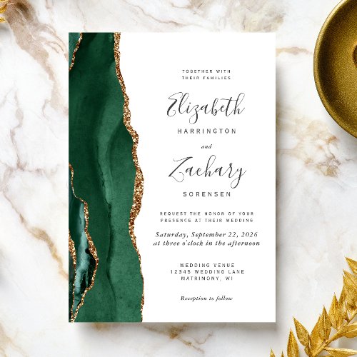 Modern Emerald Green Gold Agate Wedding Invitation