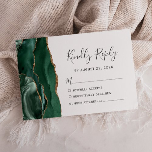 Modern Emerald Green Gold Agate Wedding RSVP Card