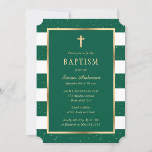 Modern Emerald Green Gold Cross Stars Baptism Invitation