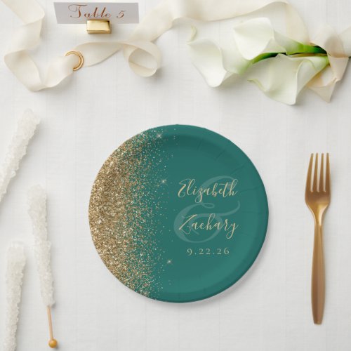 Modern Emerald Green Gold Glitter Edge Wedding Paper Plates