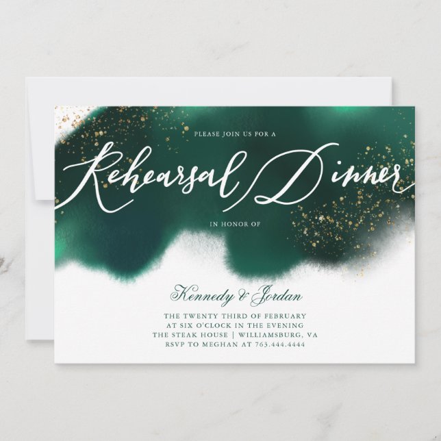 Modern Emerald Green Gold Glitter Rehearsal Dinner Invitation (Front)