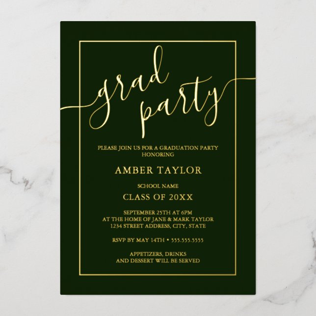 Modern Emerald green Gold Graduation Party  Foil Invitation (Front)