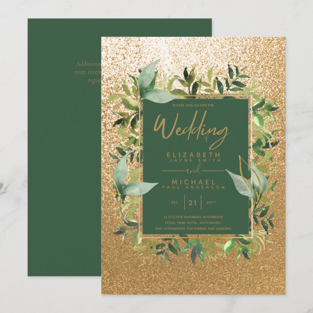 Modern Emerald Green Gold Greenery Wedding Invites (Front/Back)