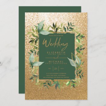 Modern Emerald Green Gold Greenery Wedding Invites