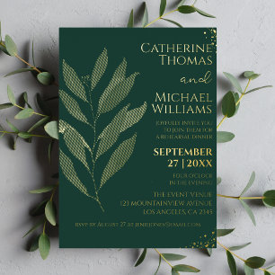 Modern Emerald Green Gold Leaf Rehearsal Dinner Foil Invitation